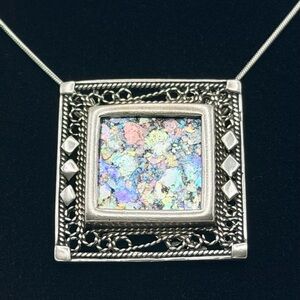 Vintage 925 Sterling Silver Roman Glass Square Pendant Necklace – 16”